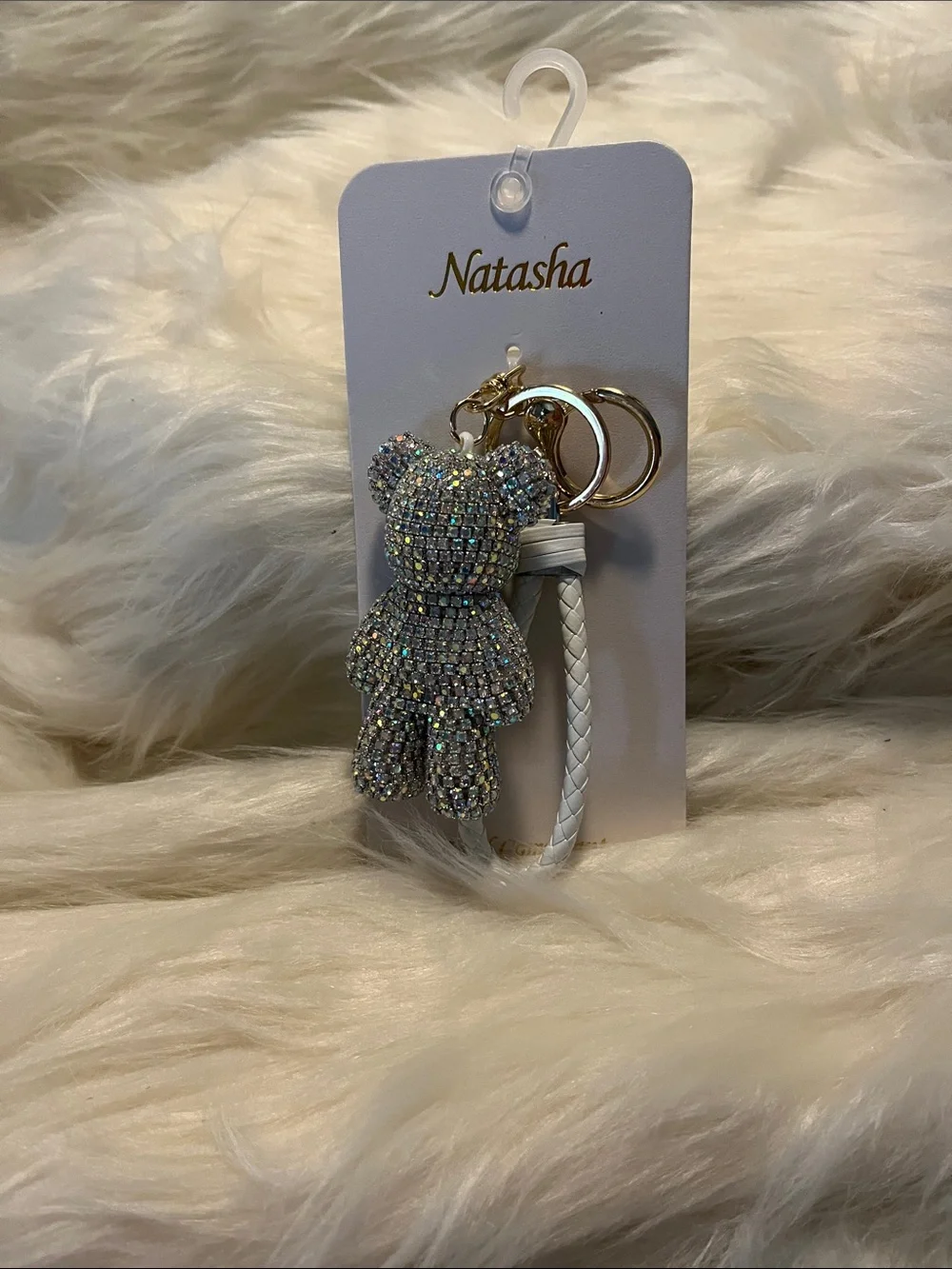 Natasha Couture Crystal Teddy Keychain with White Braided Strap